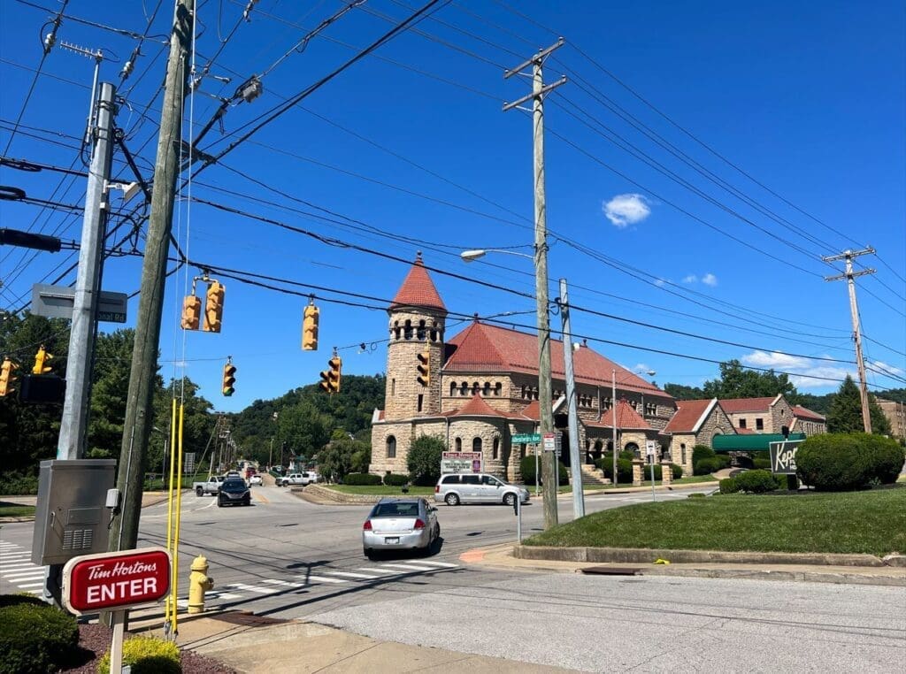 An intersection in a city.