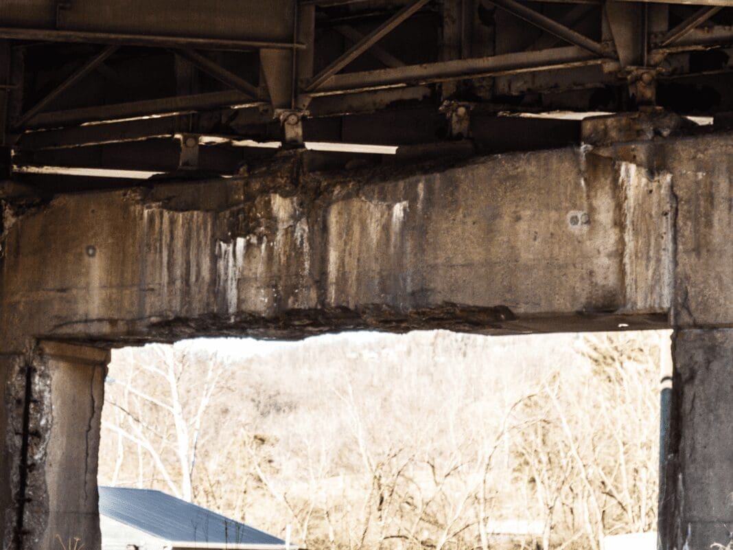 The underbelly of a bridge.