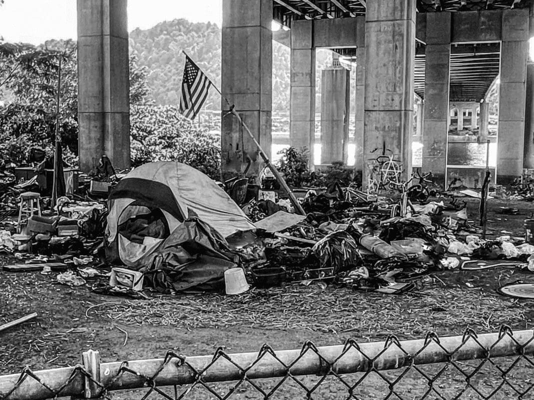 An abandoned homeless encampment.