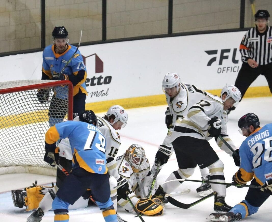 Two teams playing hockey.