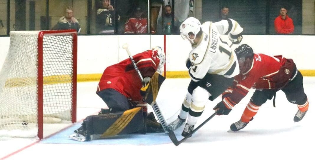 Two teams playing hockey.