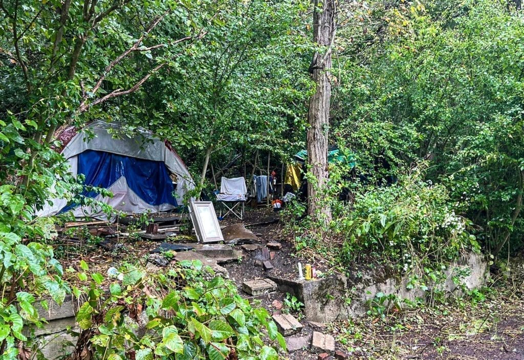 A homeless encampment.