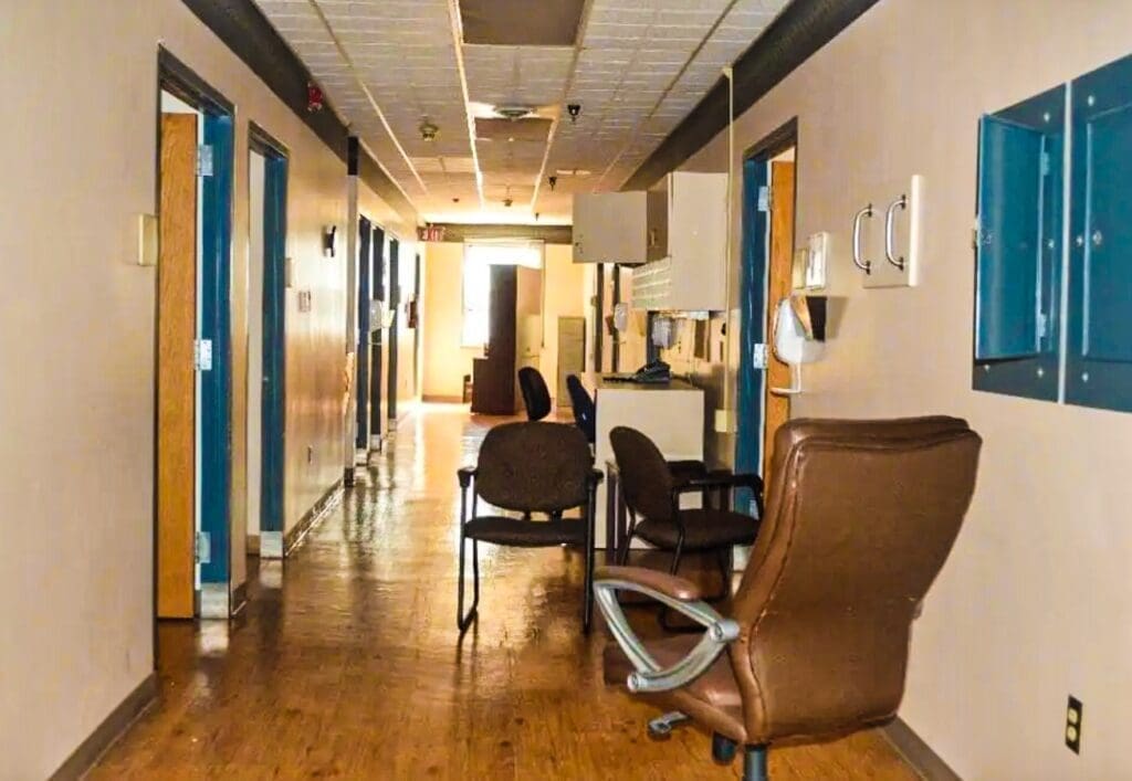 A hallway in a hospital.