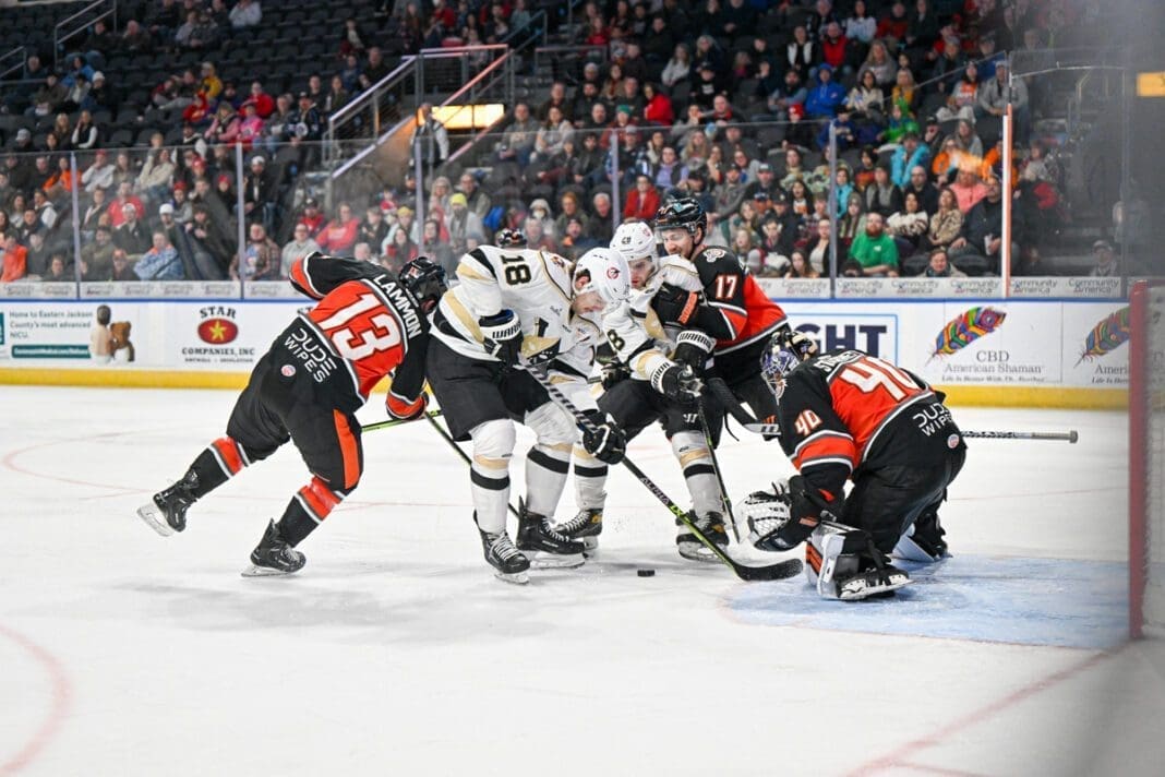 Two teams playing hockey.