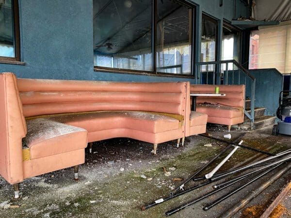 Two empty booths in a restaurant.