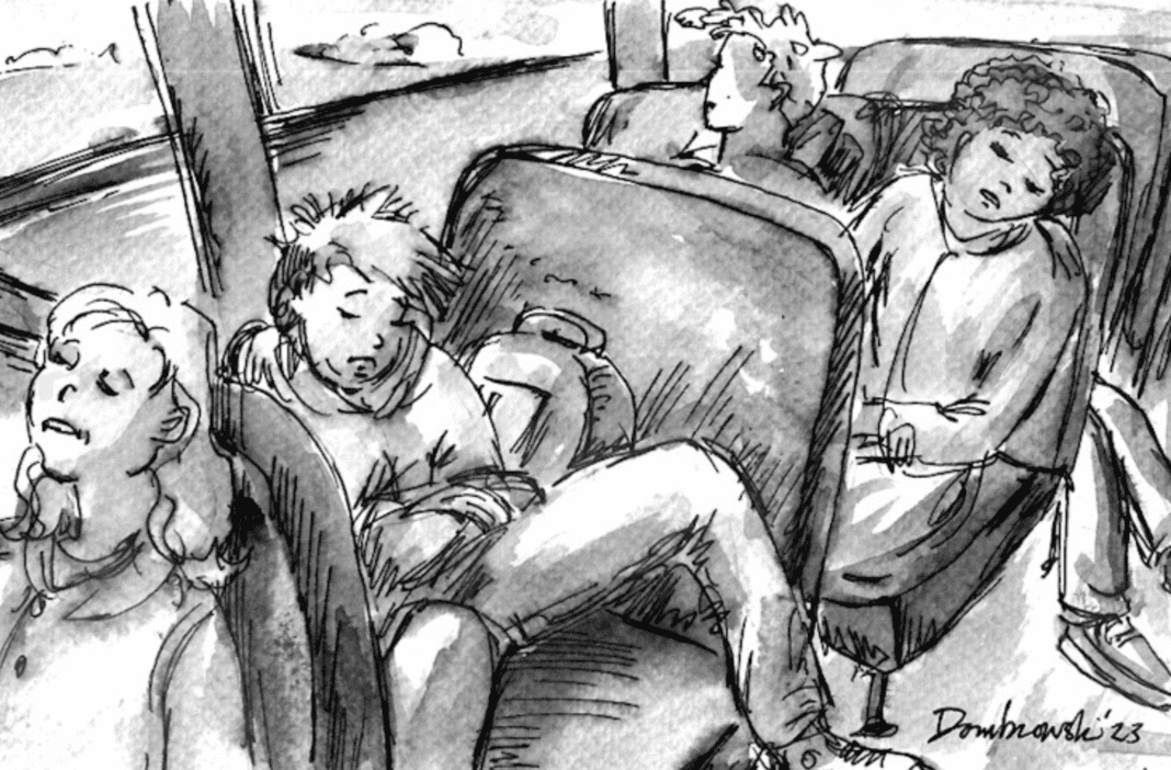 A drawing of students sleeping on the bus.