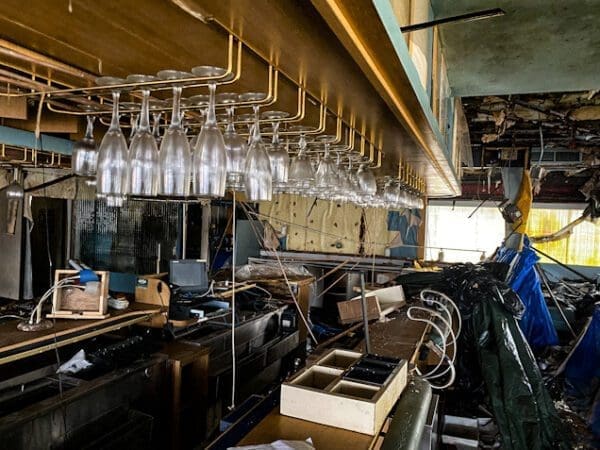 A row of glasses in a bar.