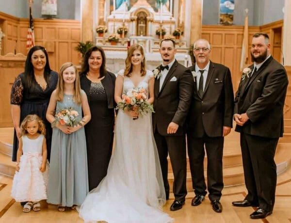 A family at a wedding.