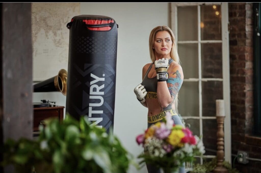 A woman and a hard bag.