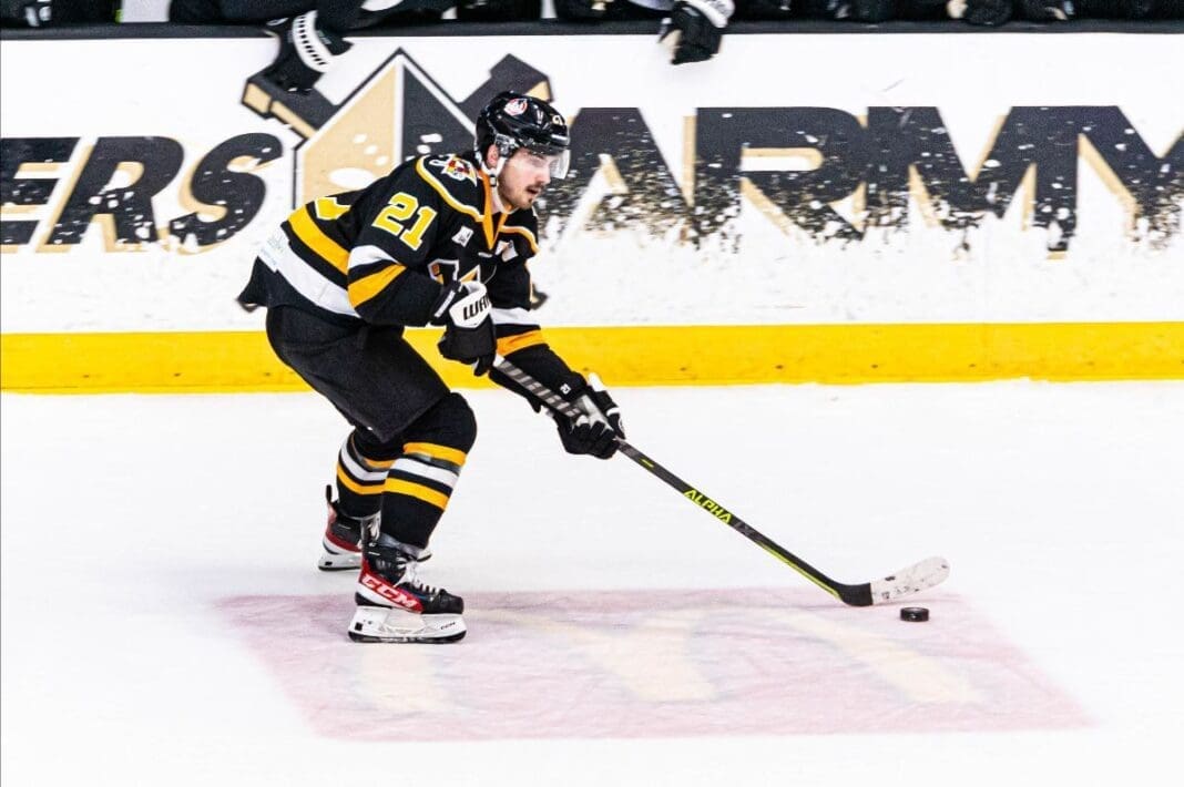 A hockey player on ice.