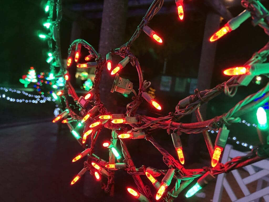 Lights tied to a pole.