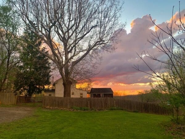 A homestead at sunset.