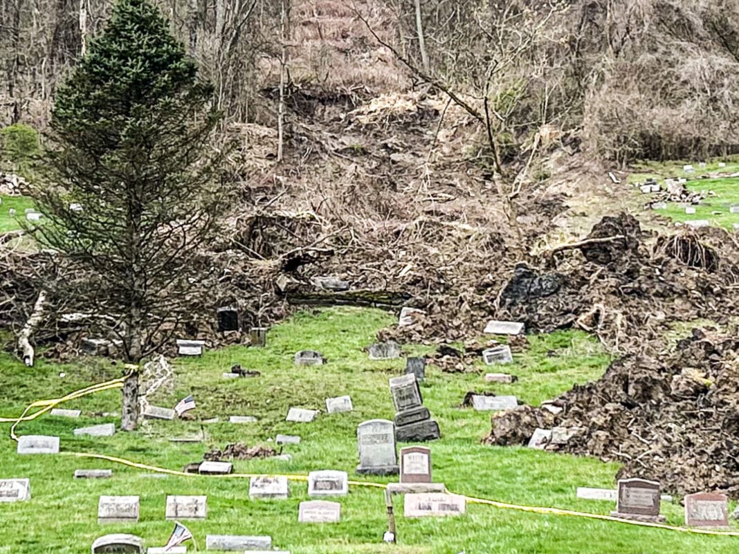 A mudslide in a cemetery.