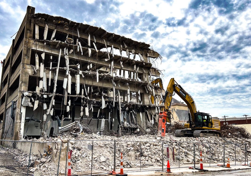 A garage coming down.