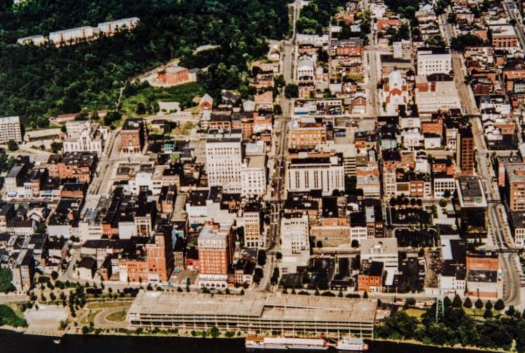 An aerial shot of a downtown.