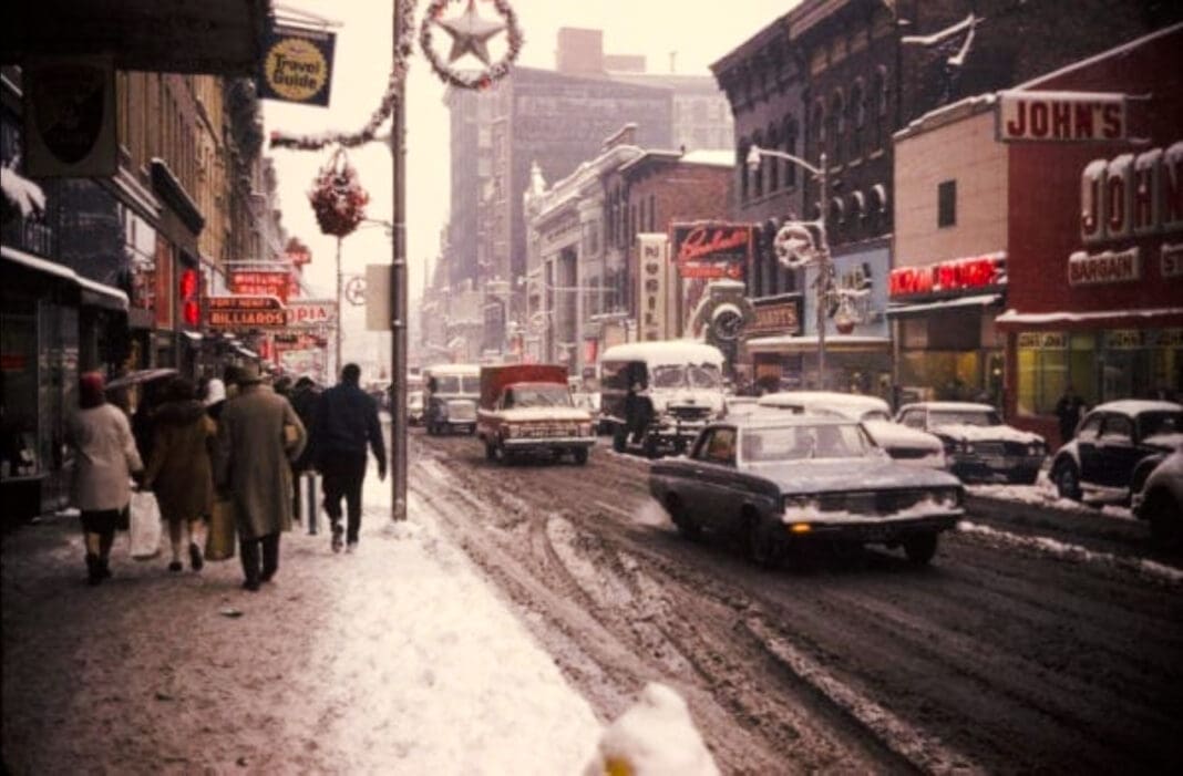 A downtown at Christmas.