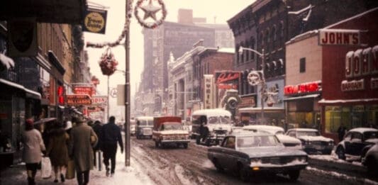 A downtown at Christmas.