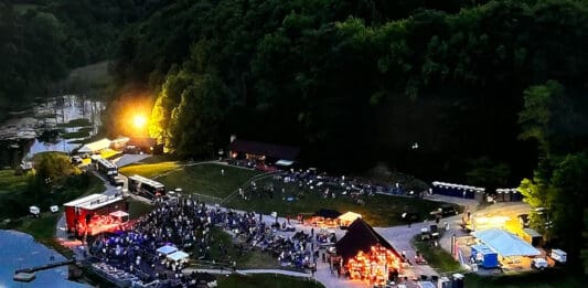 An aerial shot of a farm.