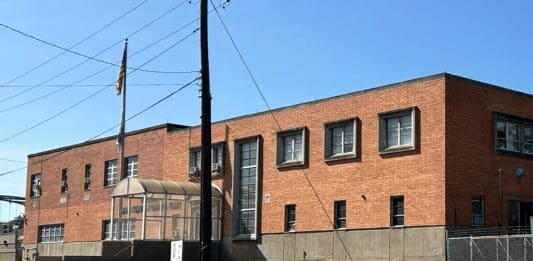 A brick building.