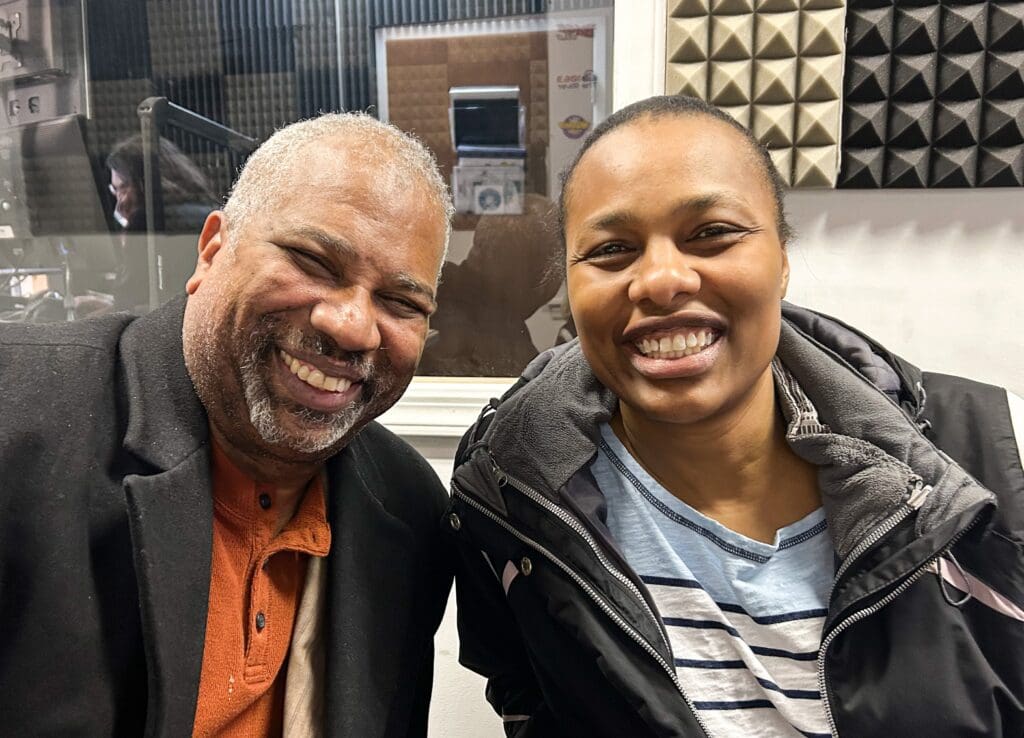 Two people in a radio studio.