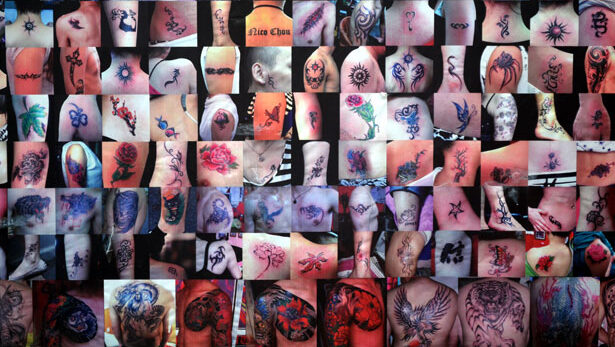 A collage of tattoos.