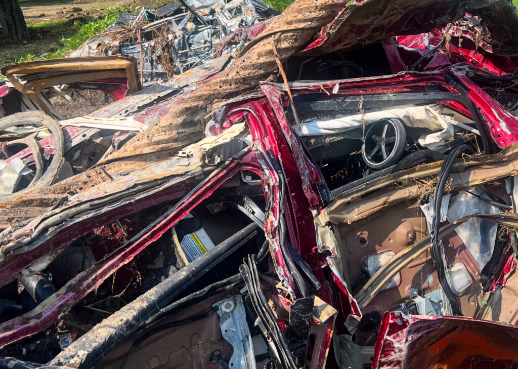 A destroyed car.