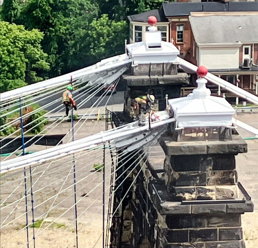 Men on top of a bridge.