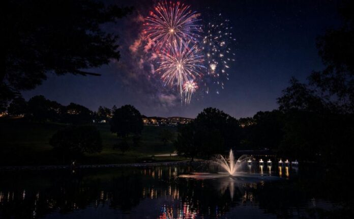 Fireworks over a lake.