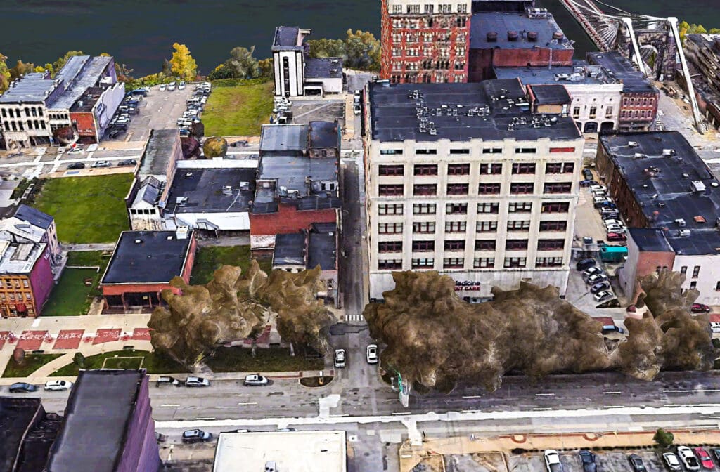 An aerial shot of a town.