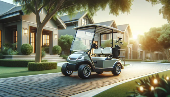 A golf cart in a city.