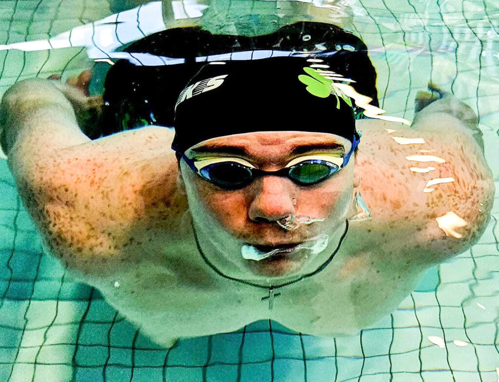 He's wearing goggles.