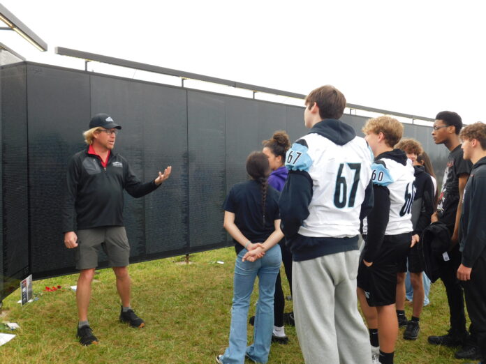A guide speaking with students.